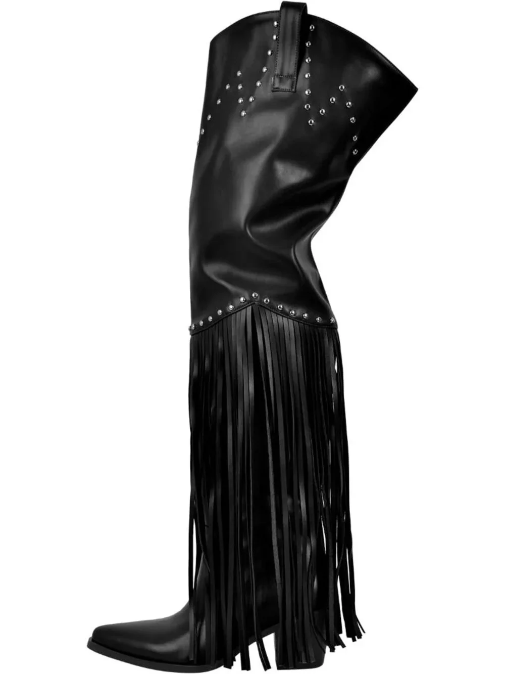 Women's Black Pointed Toe Fringe Wide Calf Cowgirl Over The Knee High Boots
